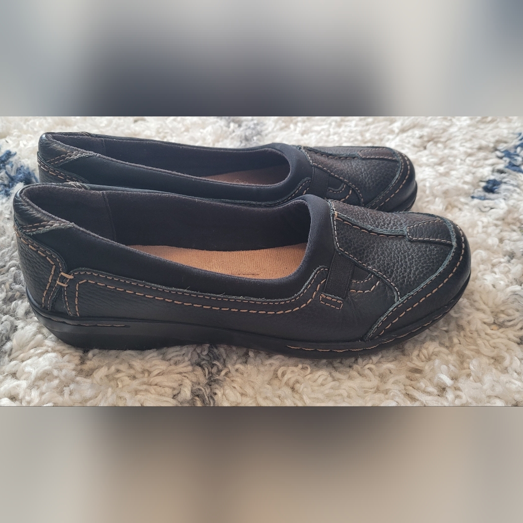Clarks Evianna Fuse Black Soft Cushion Leather Slip On Loafer Flats Shoes 7.5